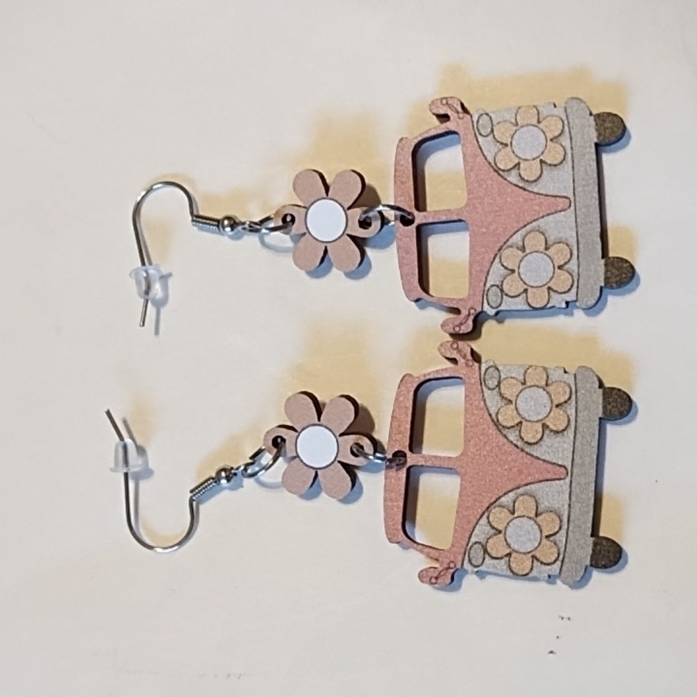 New Pink and Gray Flower Van Wooden Earrings